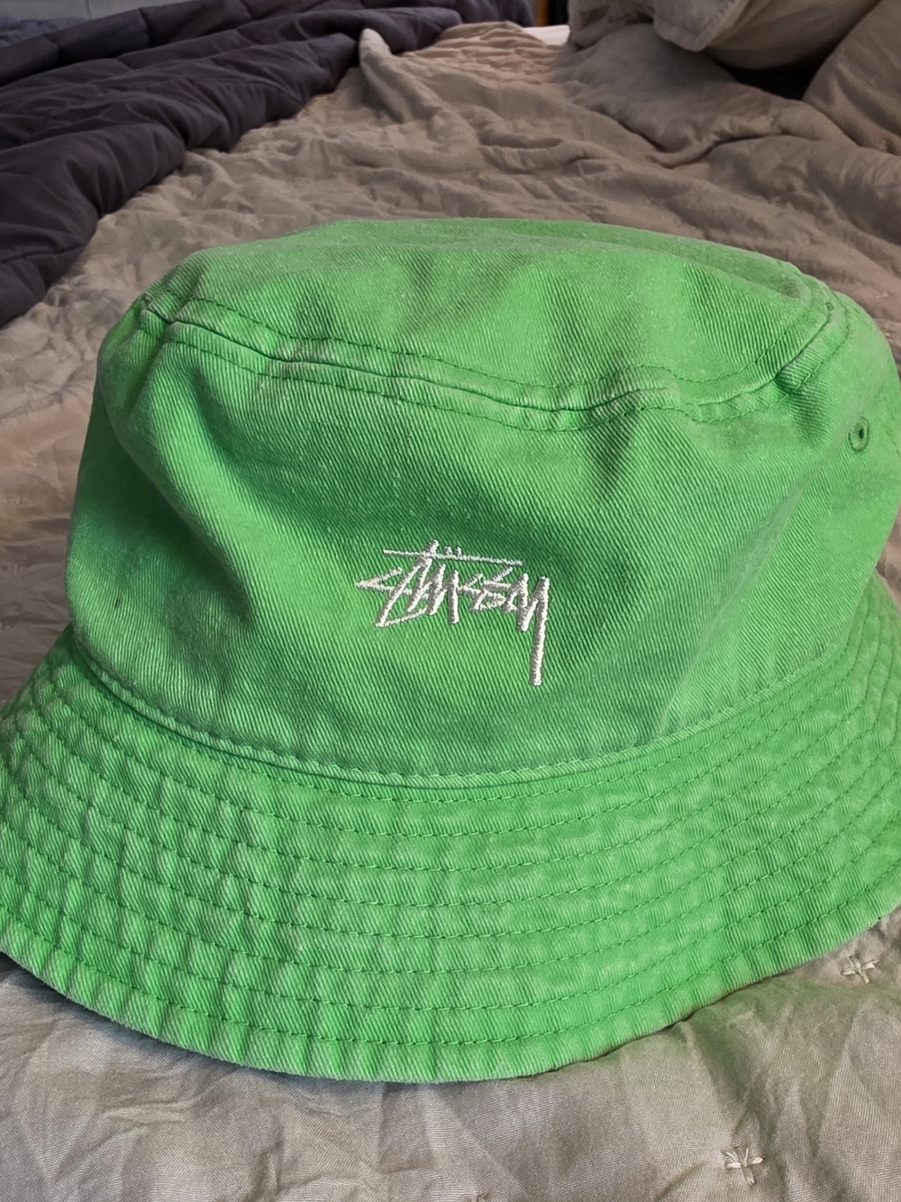 Stussy Neon Green Bucket Hat with Embroidered Logo
